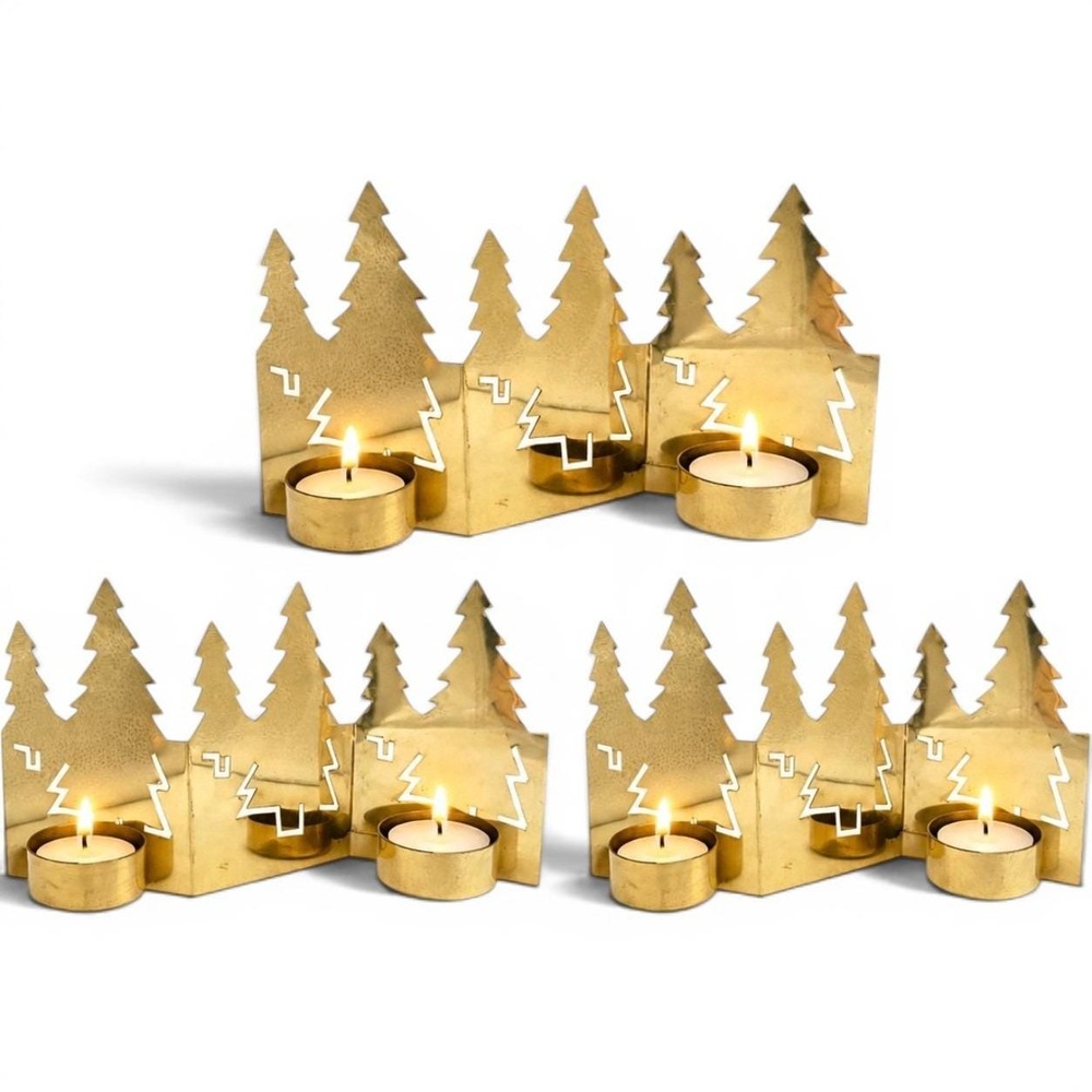 Crate & Barrel Brass Christmas Tree Votive Candle Holder Set of 3 Modern Minimal